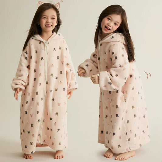 Animal Print Hooded Zip-up Plush Child Robe - Pink - Child:170cm - image 0