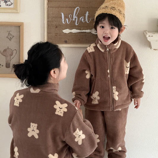 Bear Pattern Zip-up Child Loungewear Set - Coffee - Adult:L - image 0