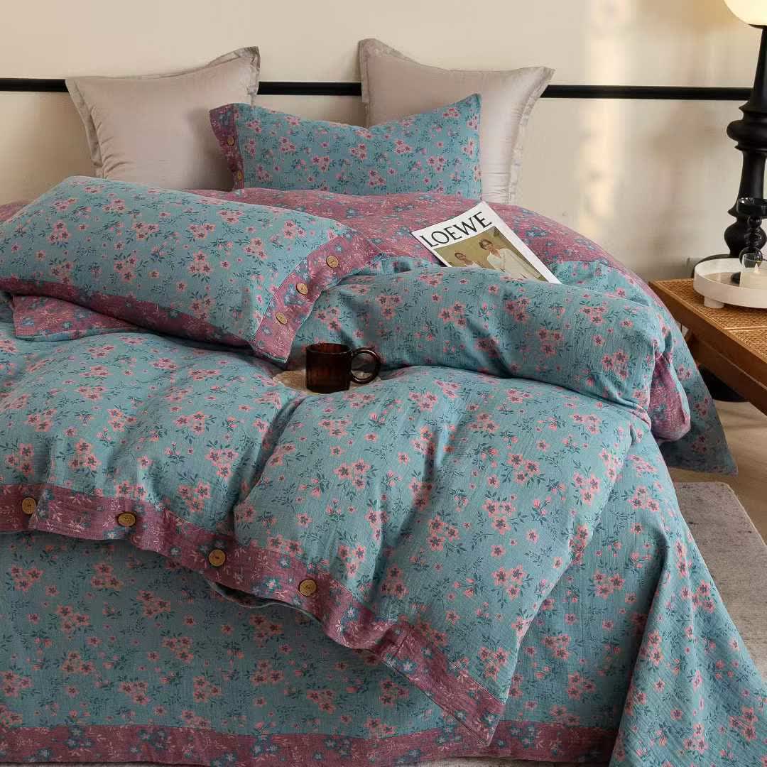 Rustic Floral Cotton Double Gauze Bedding Set(4PCS) - image 3