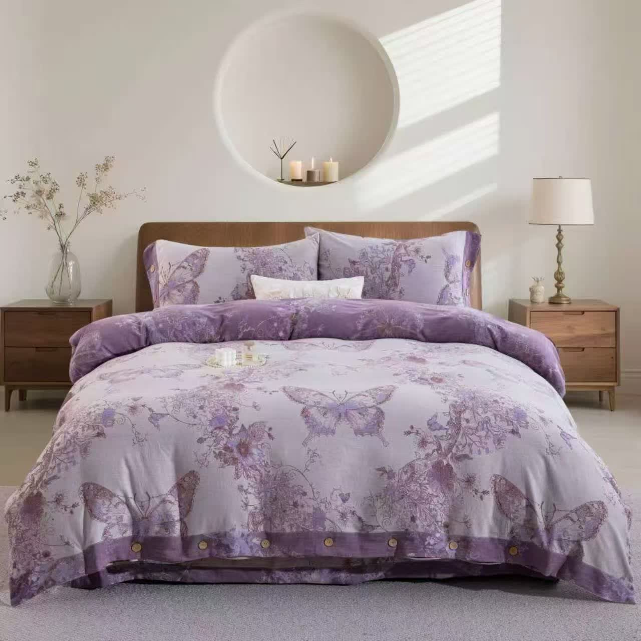 Dreamy Butterfly Cotton Double Gauze Bedding Set(4PCS) - Light Gray - King - image 5