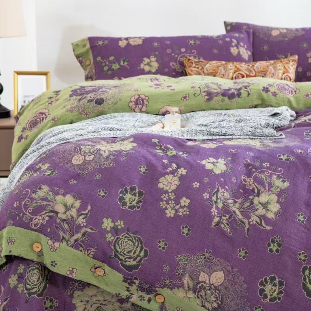 Peony Cotton Gauze Button Bedding Set(4PCS) - image 4