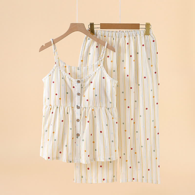 Striped Polka Dot Camisole Cotton Pajama Set - Light Yellow - XXL - image 1