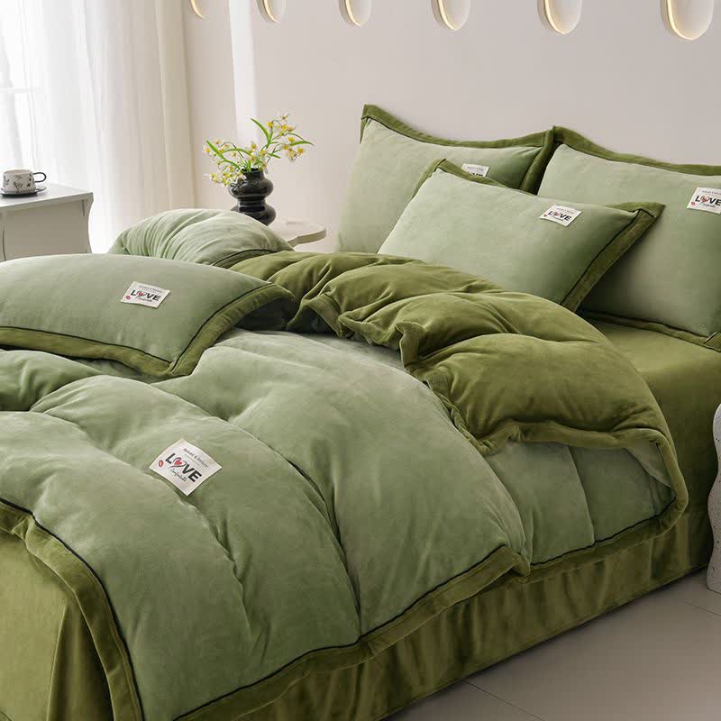 Reversible Warm Plush Bedding Set(4PCS) - Green + Olive - King - image 9