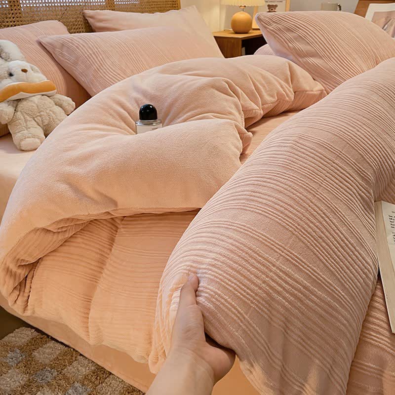 Vertical Striped Textured Plush Bedding Set(4PCS) - Light Pink - King - image 0
