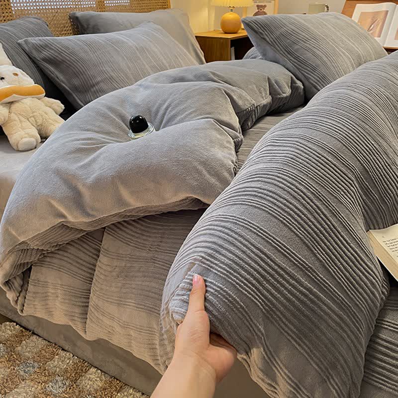 Vertical Striped Textured Plush Bedding Set(4PCS) - Gray - King - image 7