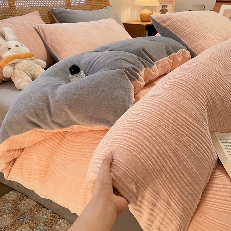 Vertical Striped Textured Plush Bedding Set(4PCS) - Pink & Gray - King - image 6