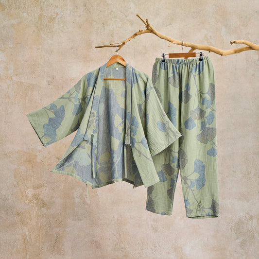 Ginkgo Leaf Organic Cotton Kimono Loungewear - Green - XL - image 0