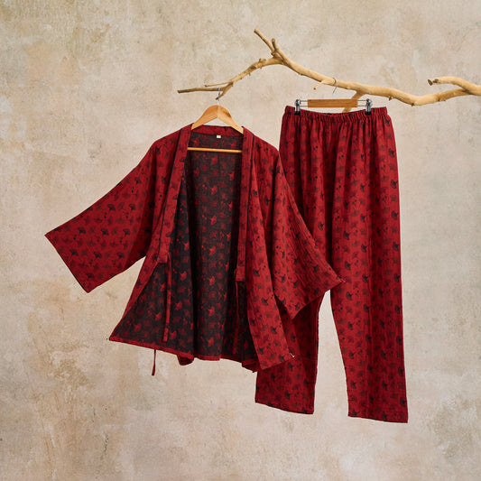 Ginkgo Organic Cotton Kimono Loungewear Set - Red & Black - XL - image 0