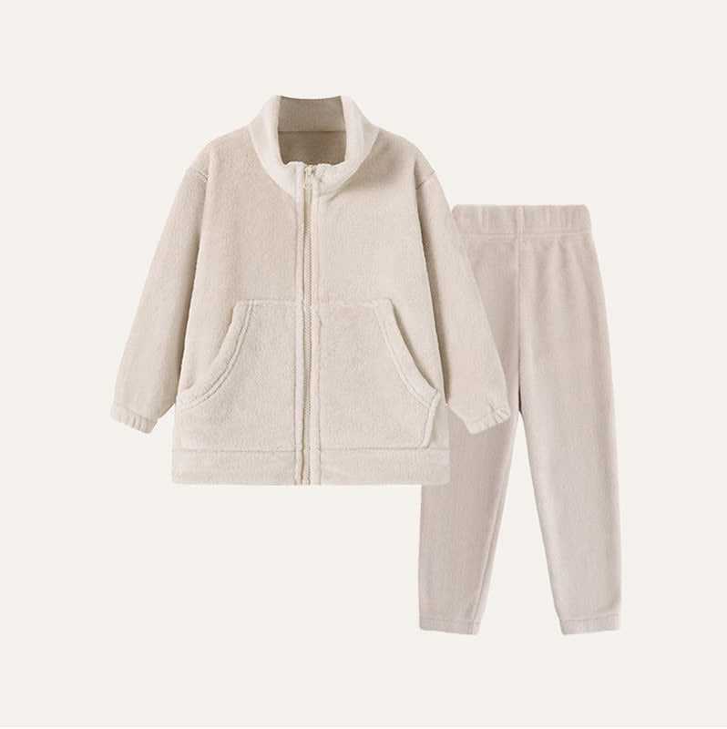 Solid Plush Zip-up Child Loungewear Set - Beige - Child:160cm - image 7