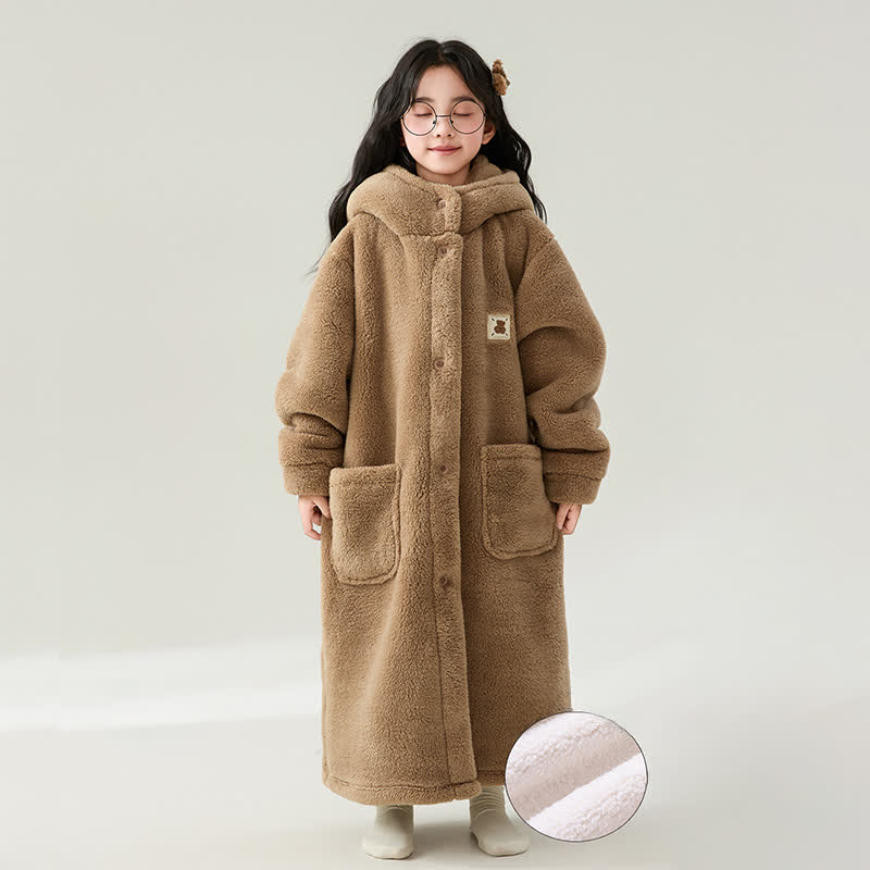Solid Color Hooded Button Child Bathrobe - Coffee - Child:160-170cm - image 4