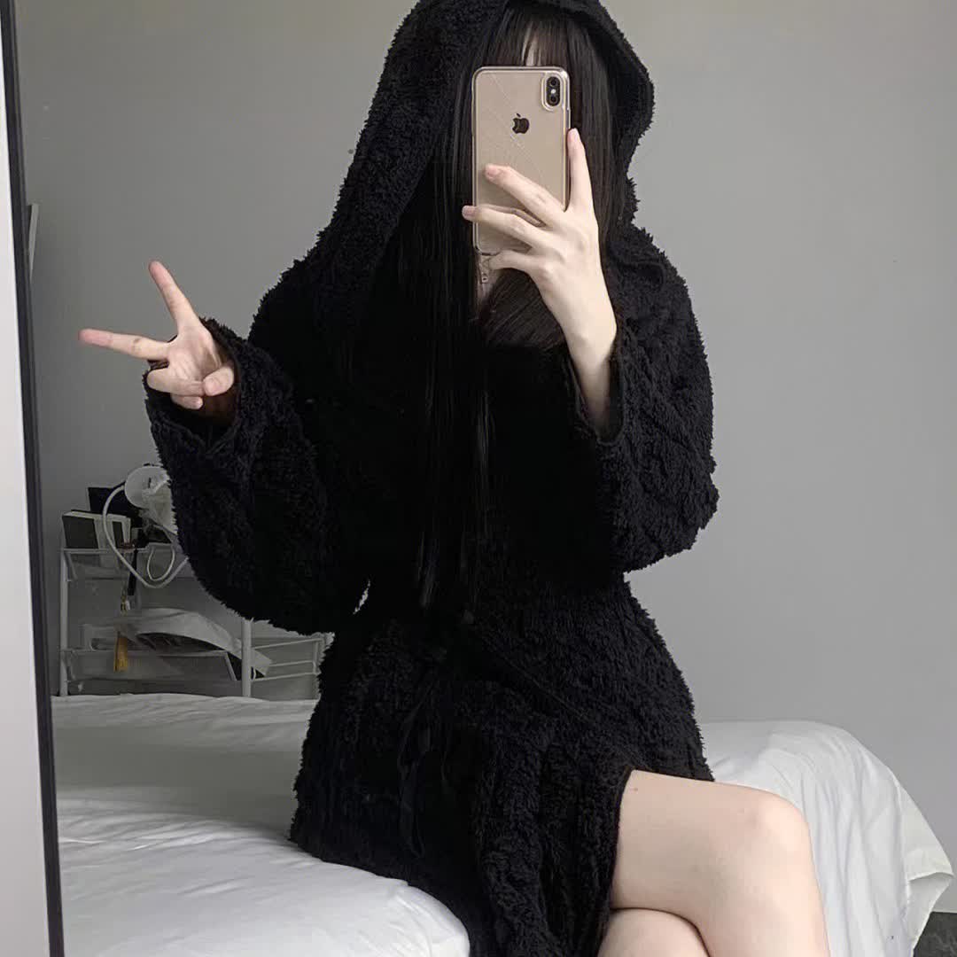 Fluffy Minimalist Black Hooded Robe - image 2