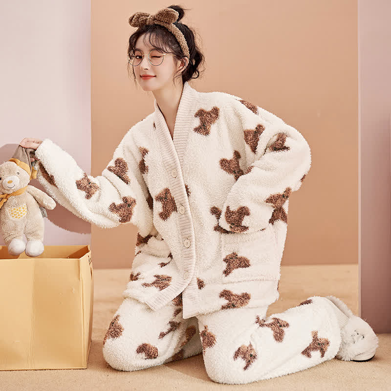 Cute Bear Button Plush Loungewear Set - image 3