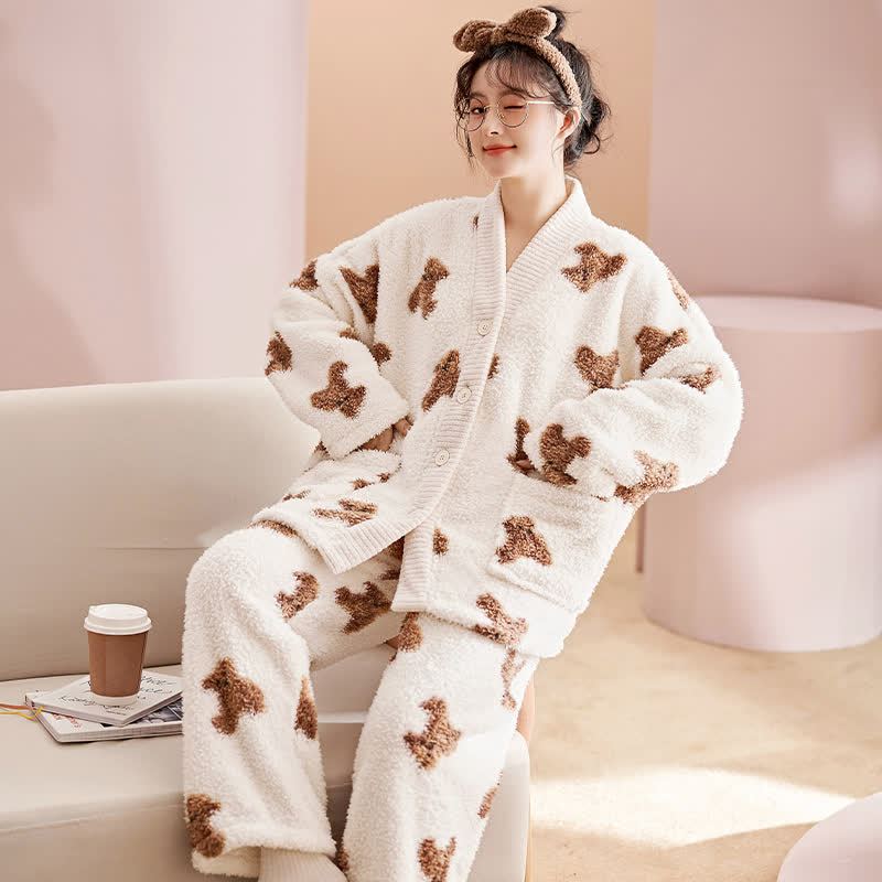 Cute Bear Button Plush Loungewear Set - White - 2XL - image 0