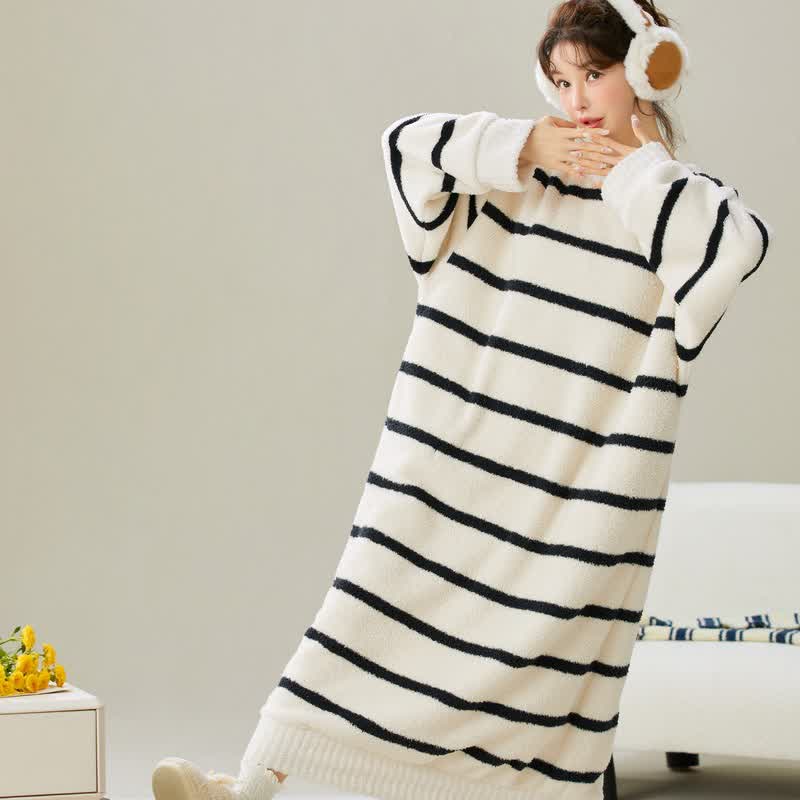 Round Neck Striped Plush Nightgown - image 1