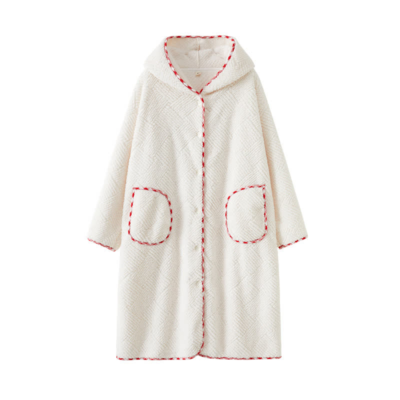 Stripe Textured Hooded Button Plush Robe - image 7