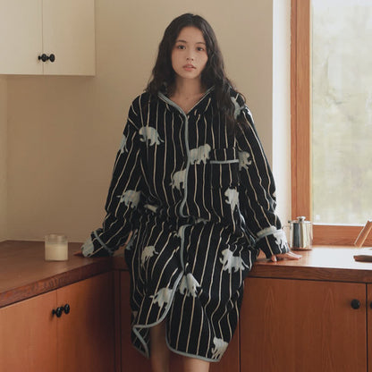 Stripe Elephant Hooded Button Plush Robe - Black - XL - image 0