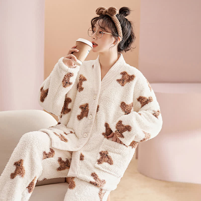 Cute Bear Button Plush Loungewear Set - image 5