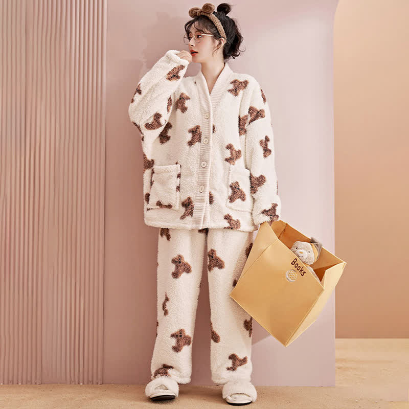 Cute Bear Button Plush Loungewear Set - image 1