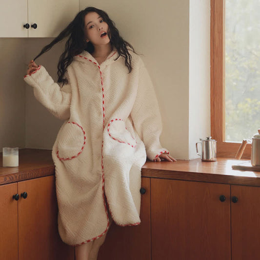 Stripe Textured Hooded Button Plush Robe - image 1