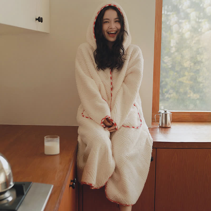 Stripe Textured Hooded Button Plush Robe - image 2