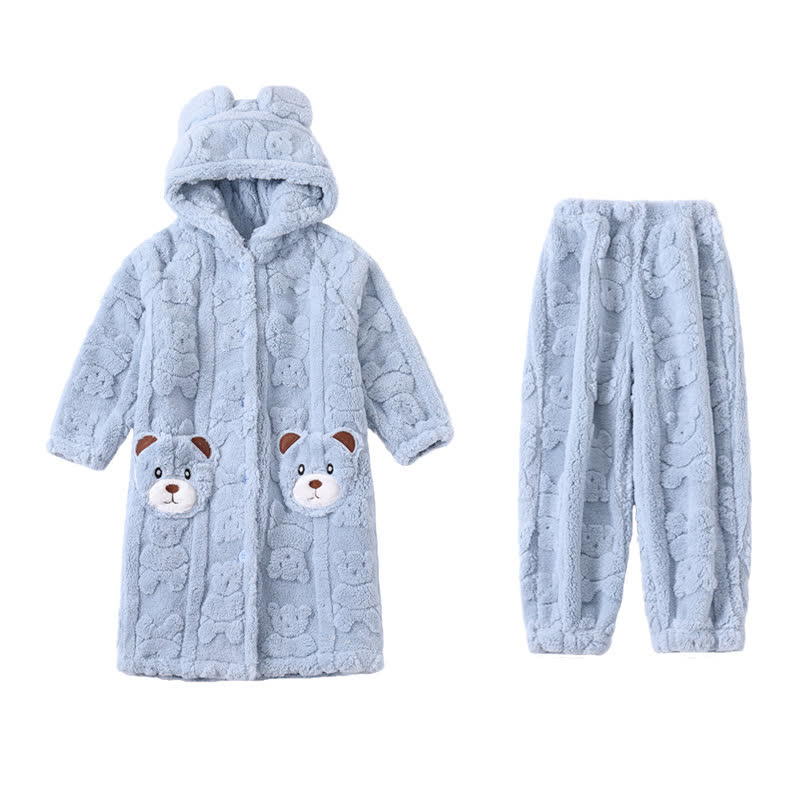 Bear-Ear Hooded Button Plush Child Robe - Blue - Bathrobe with pants - Child:170-180cm - image 11