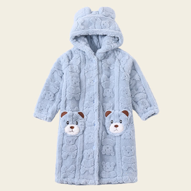 Bear-Ear Hooded Button Plush Child Robe - Blue - Bathrobe - Child:170-180cm - image 12