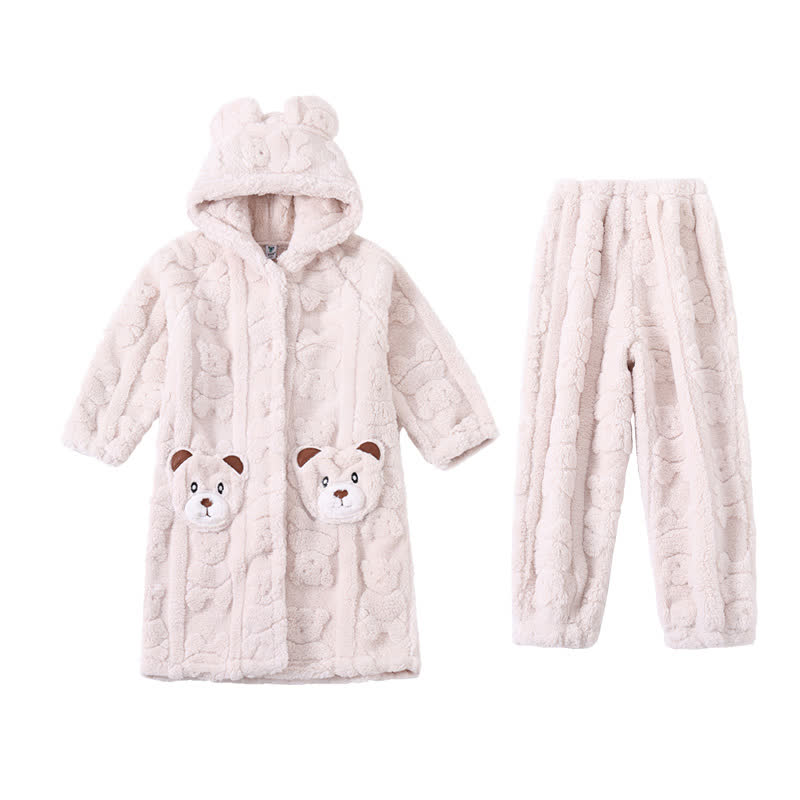 Bear-Ear Hooded Button Plush Child Robe - White - Bathrobe with pants - Child:170-180cm - image 9