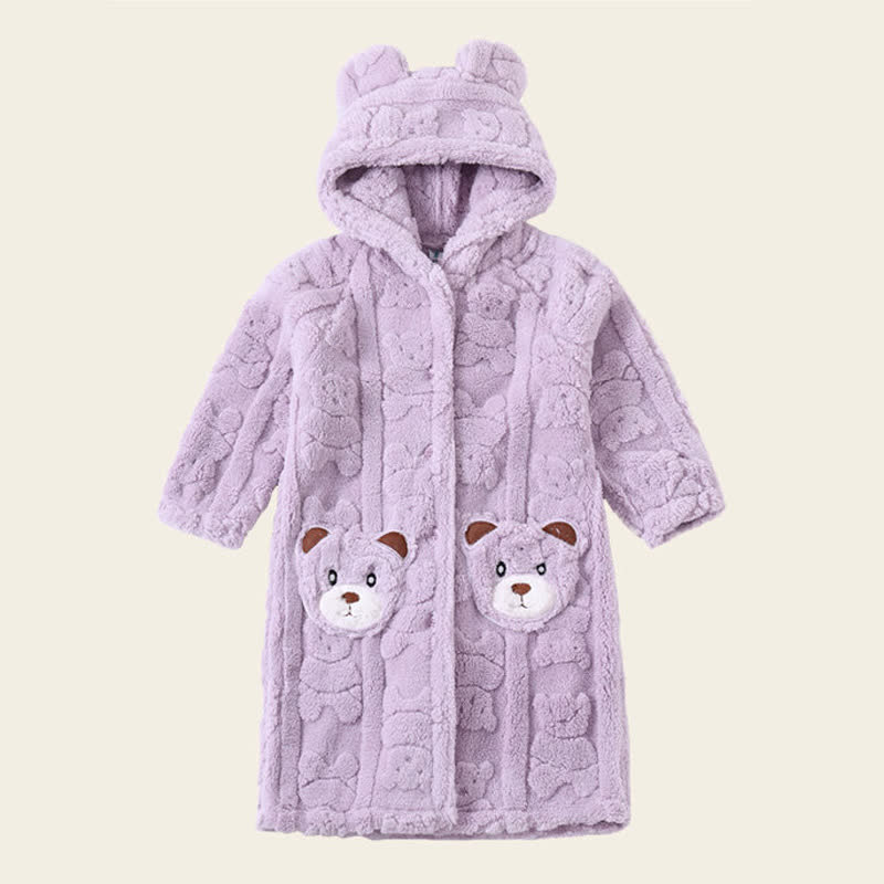 Bear-Ear Hooded Button Plush Child Robe - Purple - Bathrobe - Child:170-180cm - image 14
