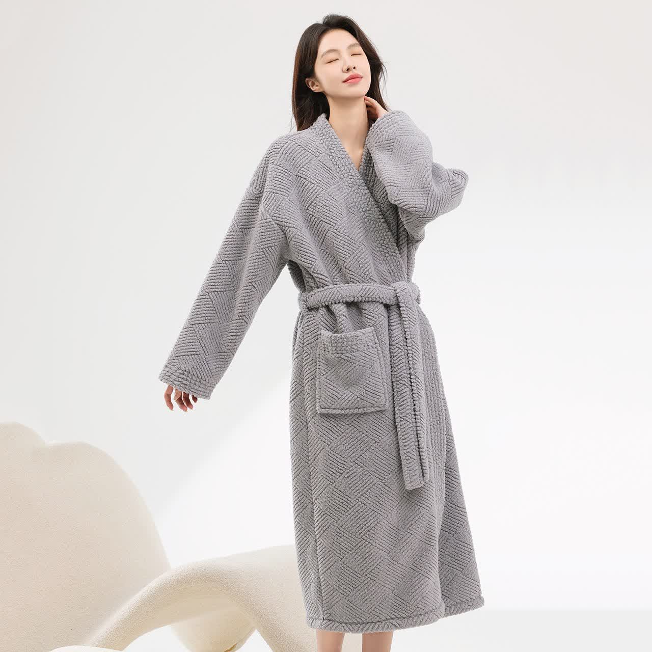 Striped Diamond Textured Plush Robe - Light Gray - Bathrobe - 2XL - image 4