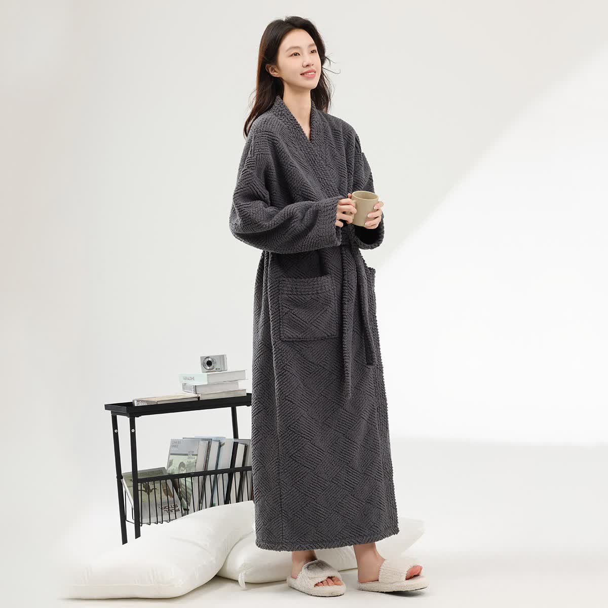 Striped Diamond Textured Plush Robe - Dark Gray - Bathrobe - 2XL - image 5
