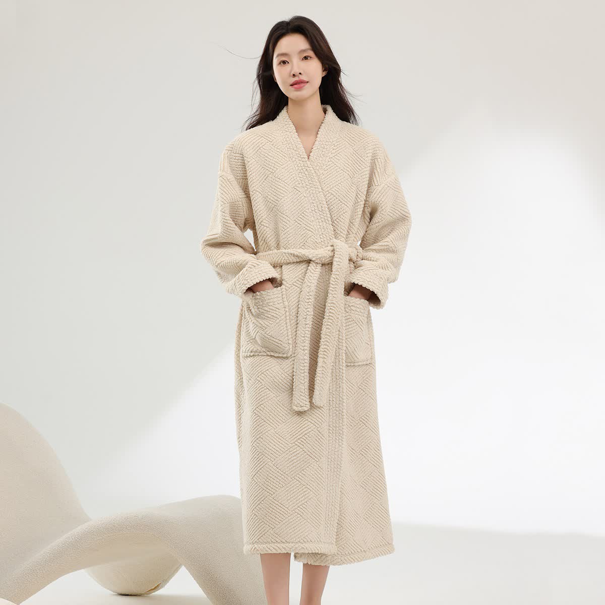 Striped Diamond Textured Plush Robe - Beige - Bathrobe - 2XL - image 2