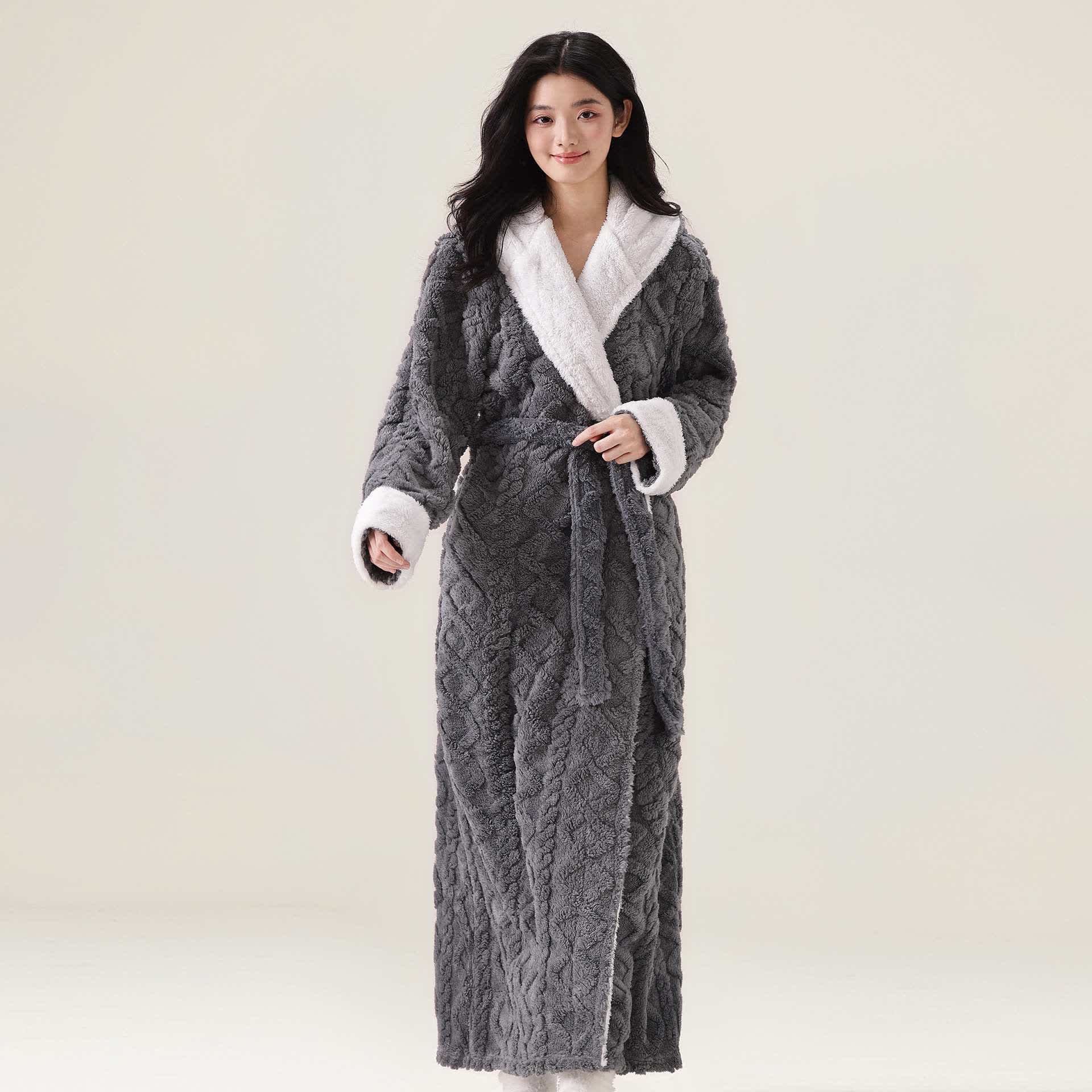 Jacquard Hooded Plush Warm Bathrobe - Gray - XL - image 0