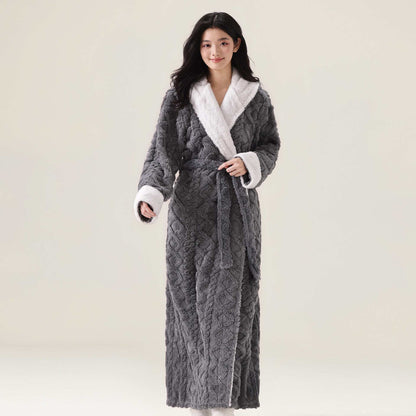 Jacquard Hooded Plush Warm Bathrobe - Gray - XL - image 0