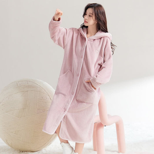 Simple Hooded Button Plush Bathrobe - Pink - XL - image 0