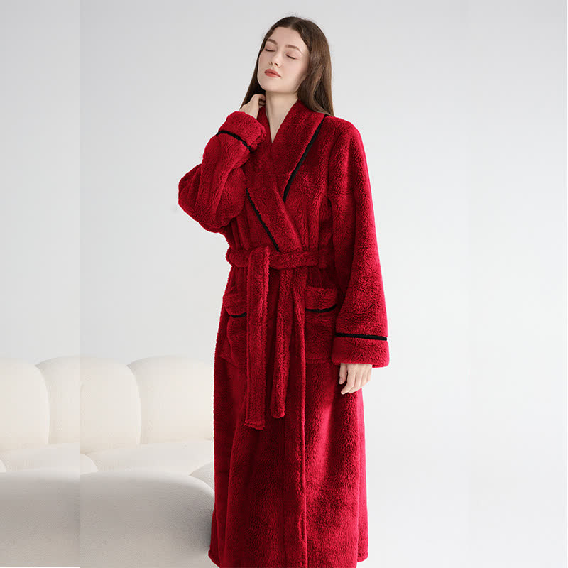 Unisex Plush Solid Warm Long Robe - Wine - XL - image 6