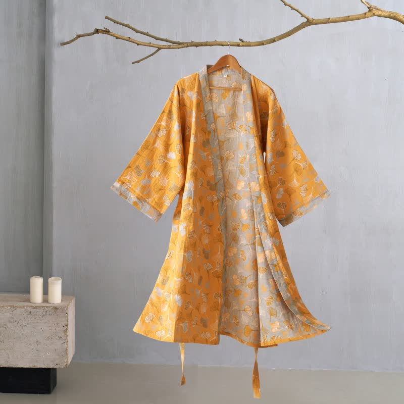 Ginkgo Biloba Cotton Gauze Kimono Robe - Orange & Grey - XL - image 41