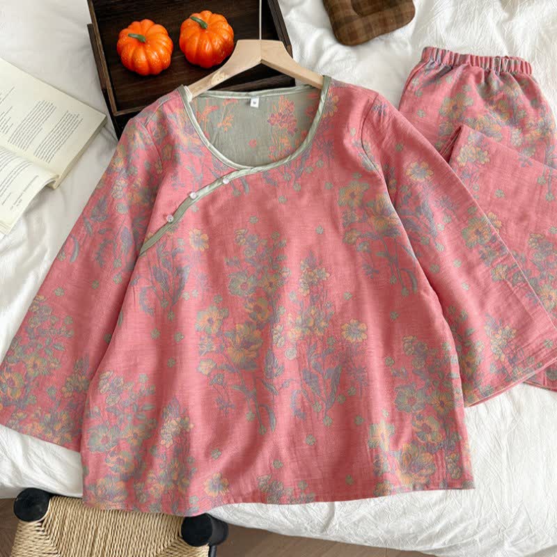 Oriental Pink Peony Cotton Gauze Pajamas - image 1