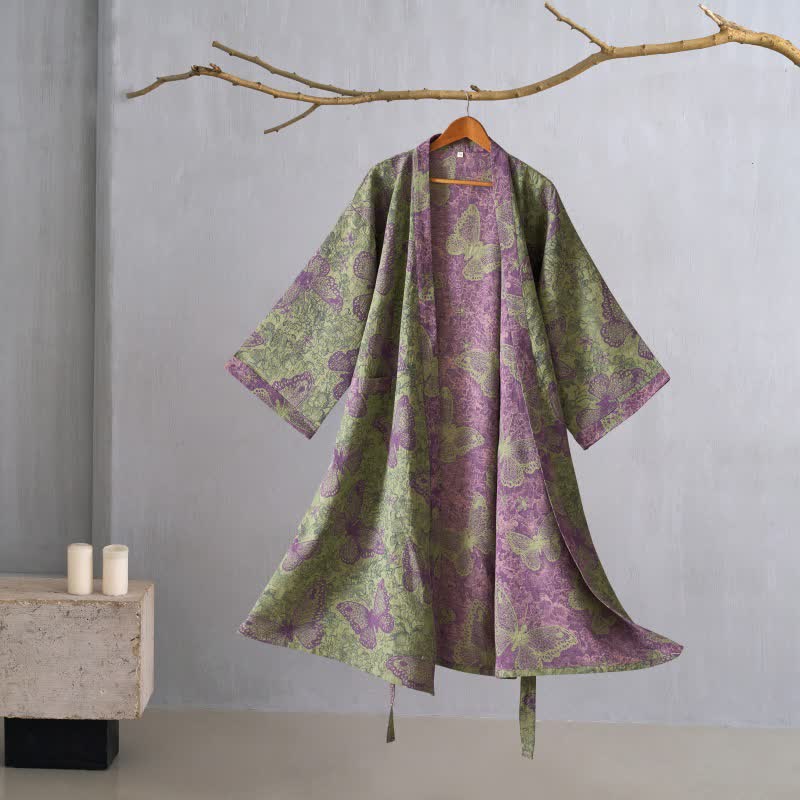 Dreamy Butterfly Cotton Gauze Kimono Robe - Green - XL - image 0