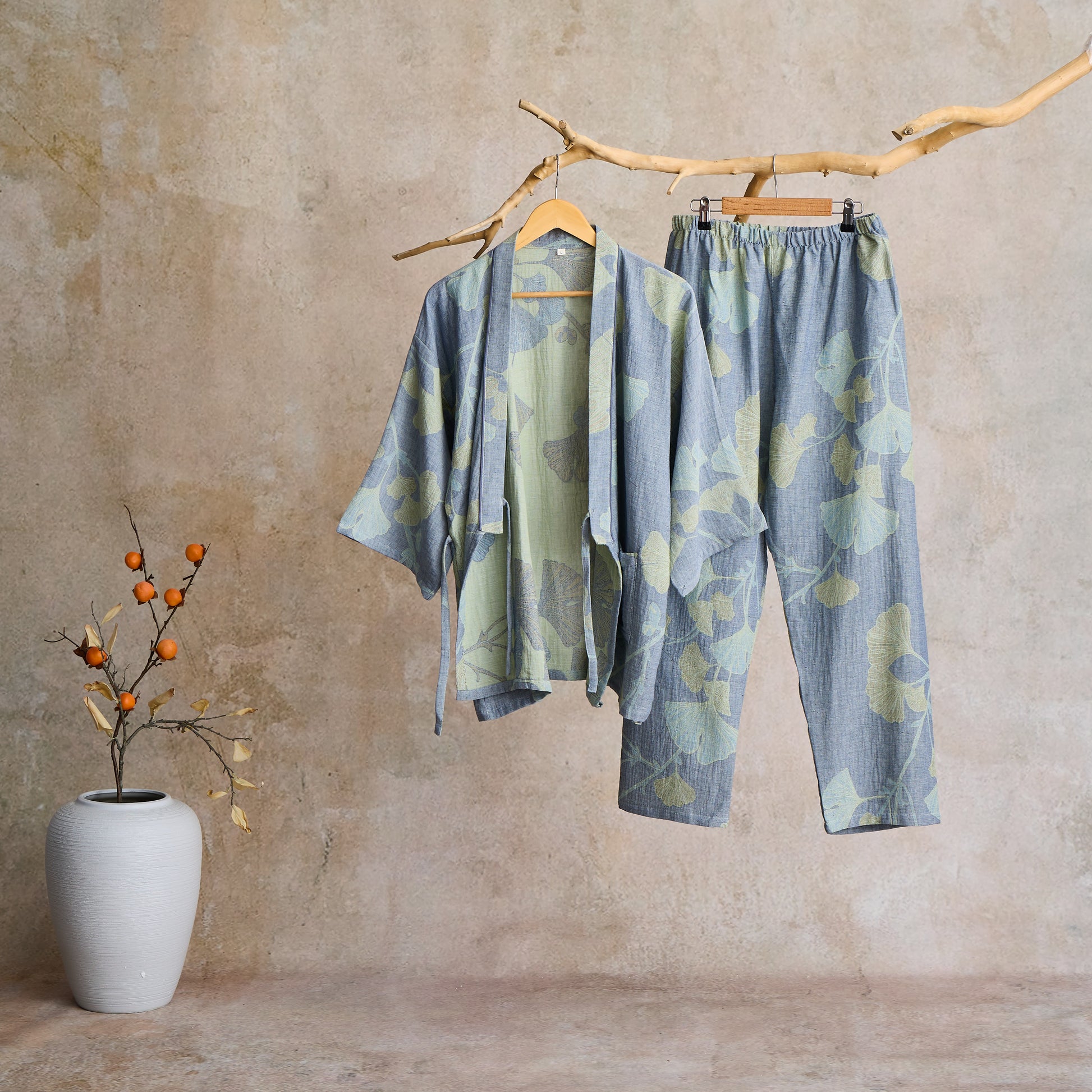 Ginkgo Leaf Organic Cotton Kimono Loungewear - Light Blue - XL - image 2