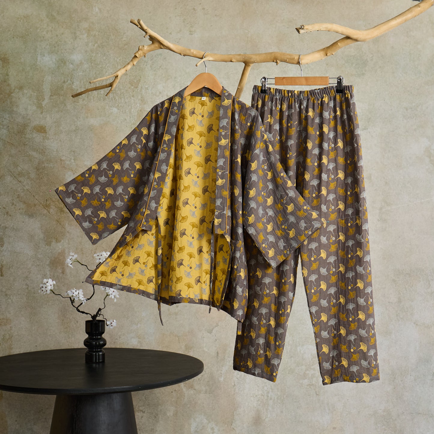 Ginkgo Organic Cotton Kimono Loungewear Set - Grey & Yellow - XL - image 3