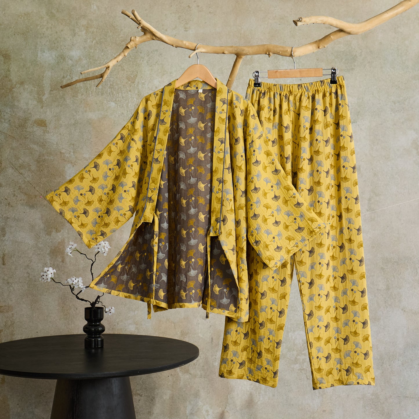 Ginkgo Organic Cotton Kimono Loungewear Set - Yellow & Grey - XL - image 4