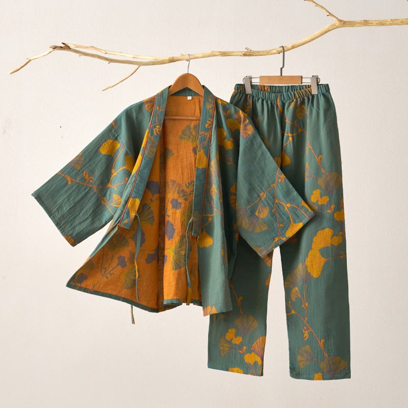 Large Ginkgo Leaf Cotton Kimono Pajamas - Green & Yellow - XL - image 2