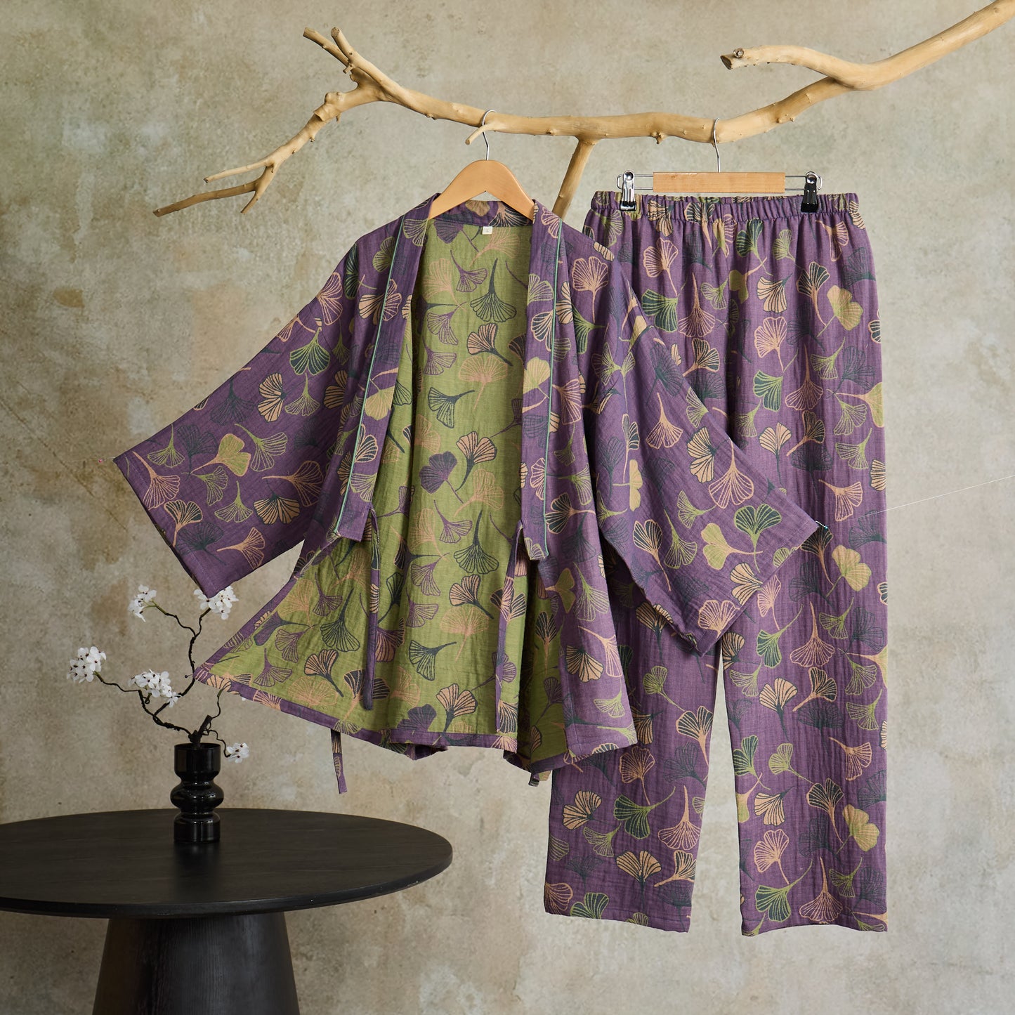 Ownkoti Ginkgo Cotton Gauze Kimono Loungewear Set - Purple - XL - image 9