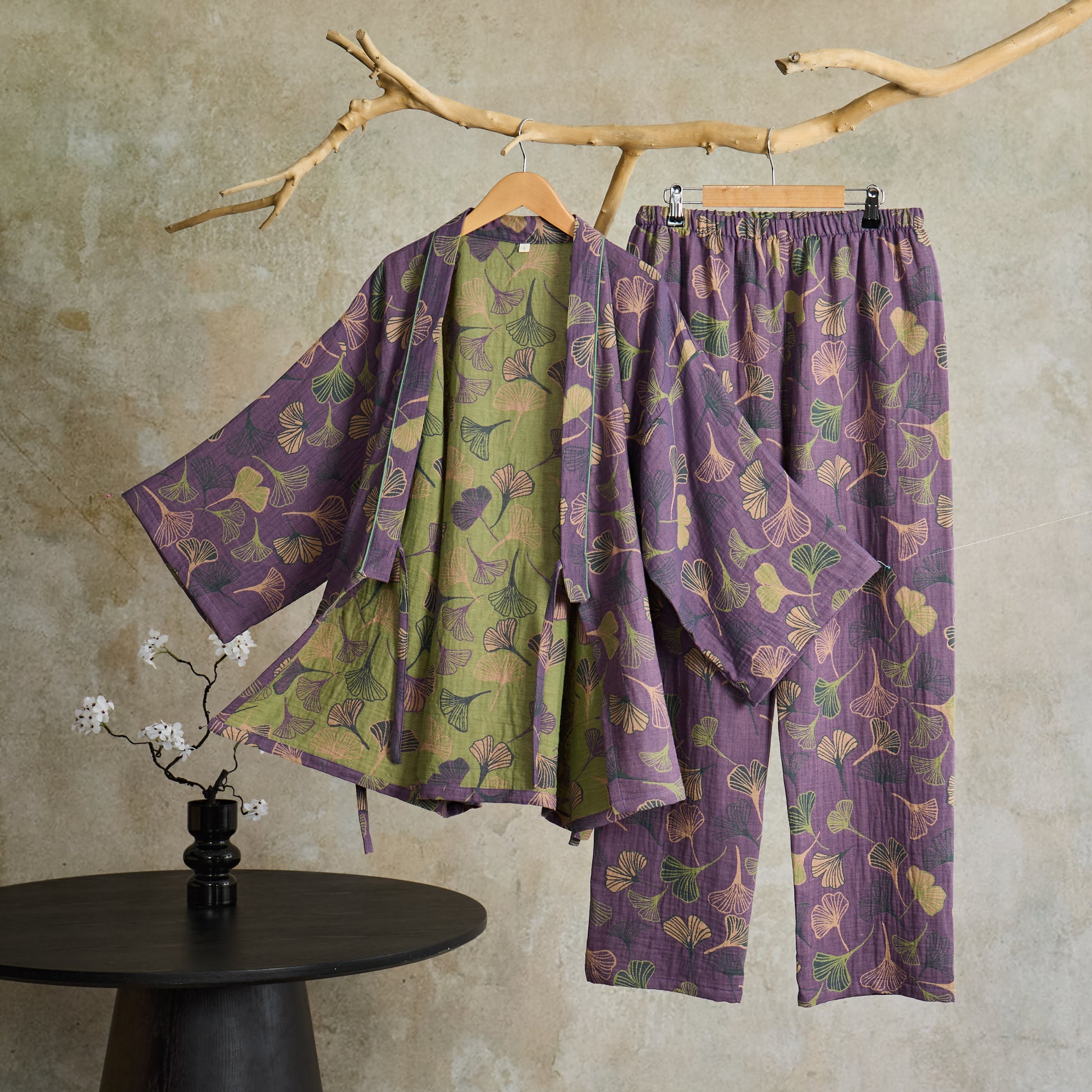 Ownkoti Ginkgo Cotton Gauze Kimono Loungewear Set - Purple - XL - image 9
