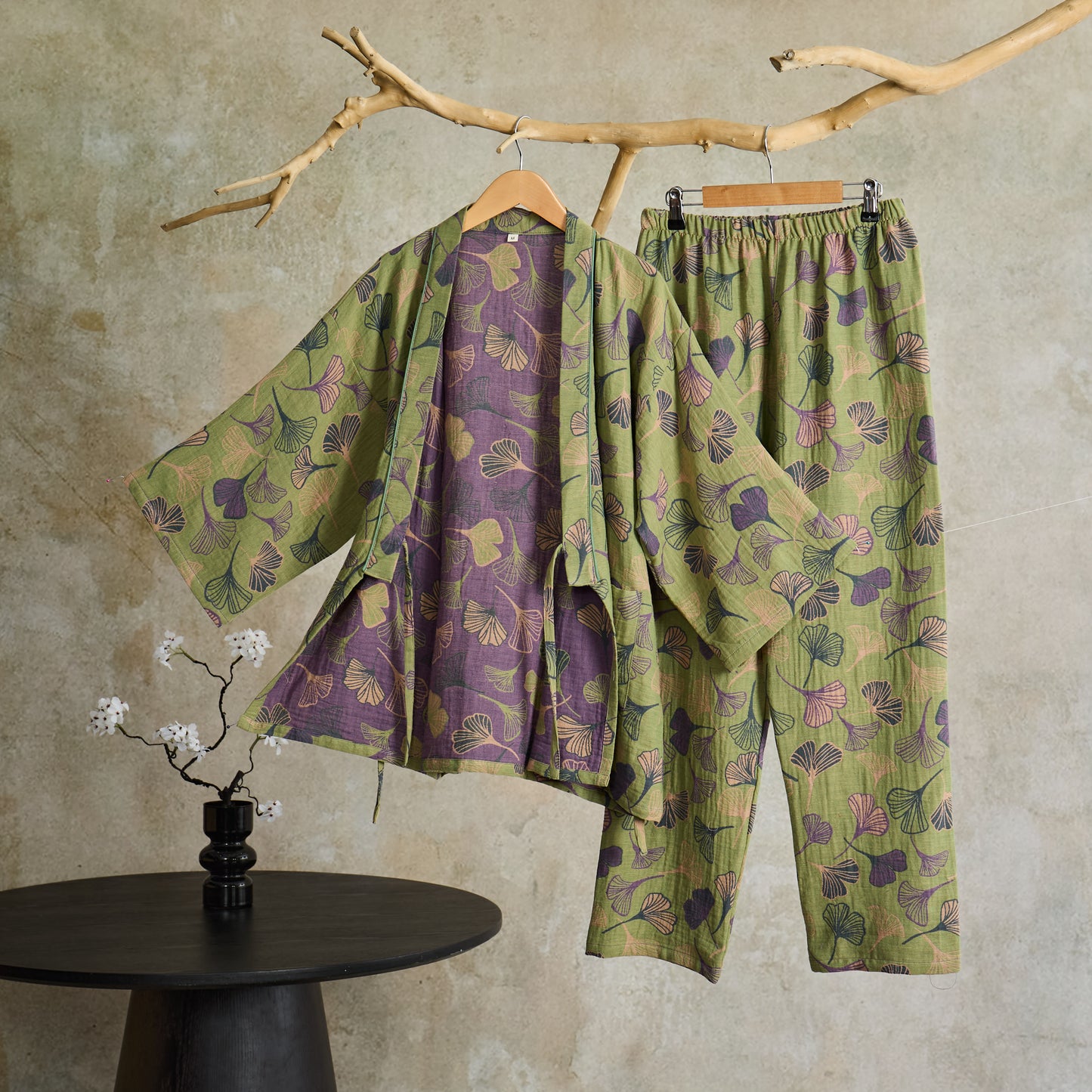 Ownkoti Ginkgo Cotton Gauze Kimono Loungewear Set - Light Green - XL - image 10