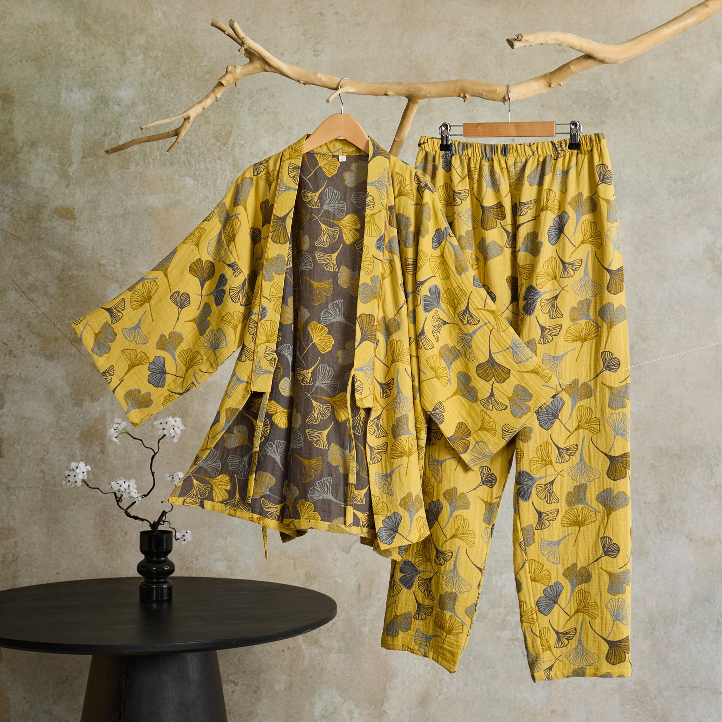 Ownkoti Ginkgo Cotton Gauze Kimono Loungewear Set - Light Yellow - XL - image 7