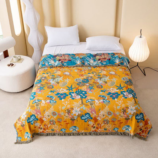 Whimsical Floral Cotton Gauze Tassel Quilt - image 1