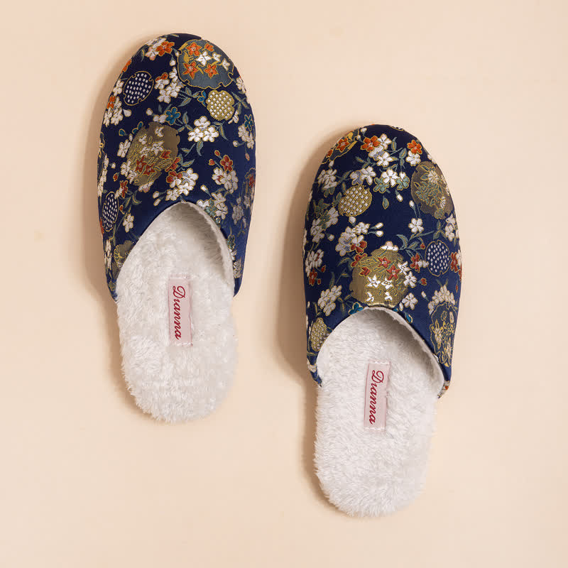 Vintage Floral Embroidered Plush House Slippers - Dark Blue - 2XL - image 9