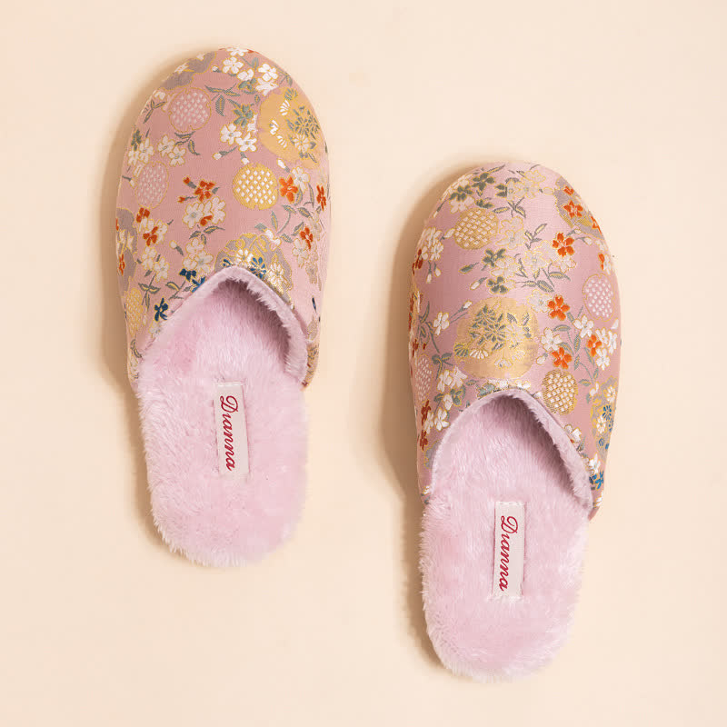 Vintage Floral Embroidered Plush House Slippers - Pink - L - image 4