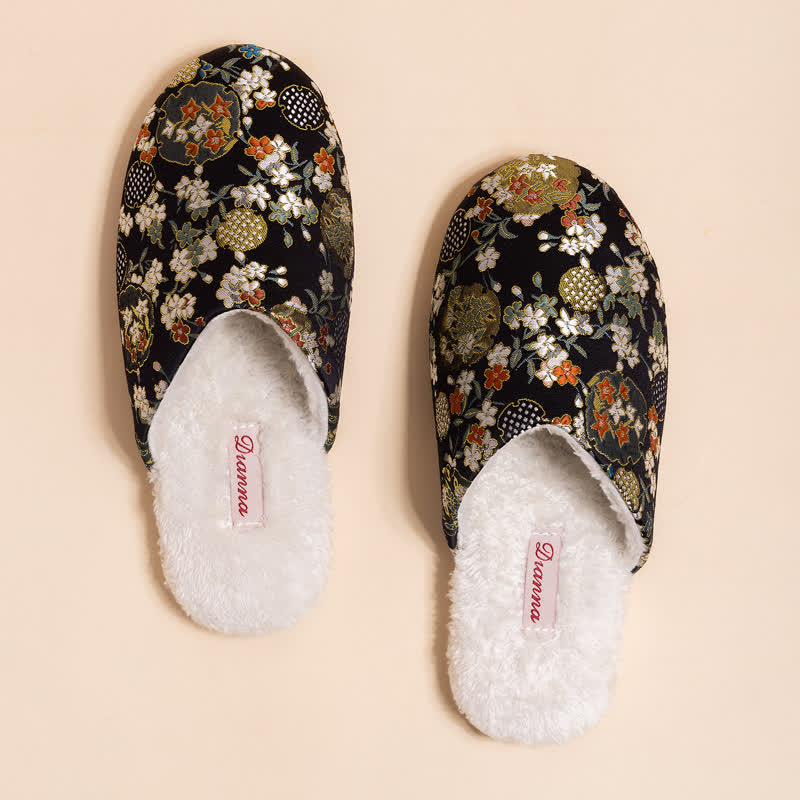 Vintage Floral Embroidered Plush House Slippers - Black - 2XL - image 8